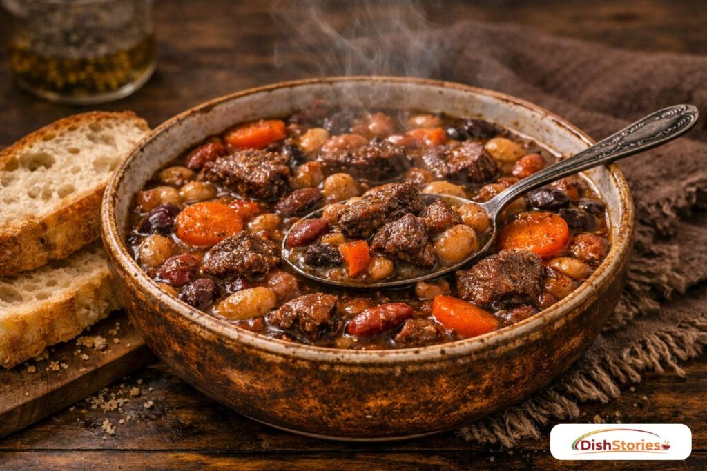 A deep bowl of thick, multi-colored bean soup with chunks of beef and carrots a cheap family meal under $10 for large groups.