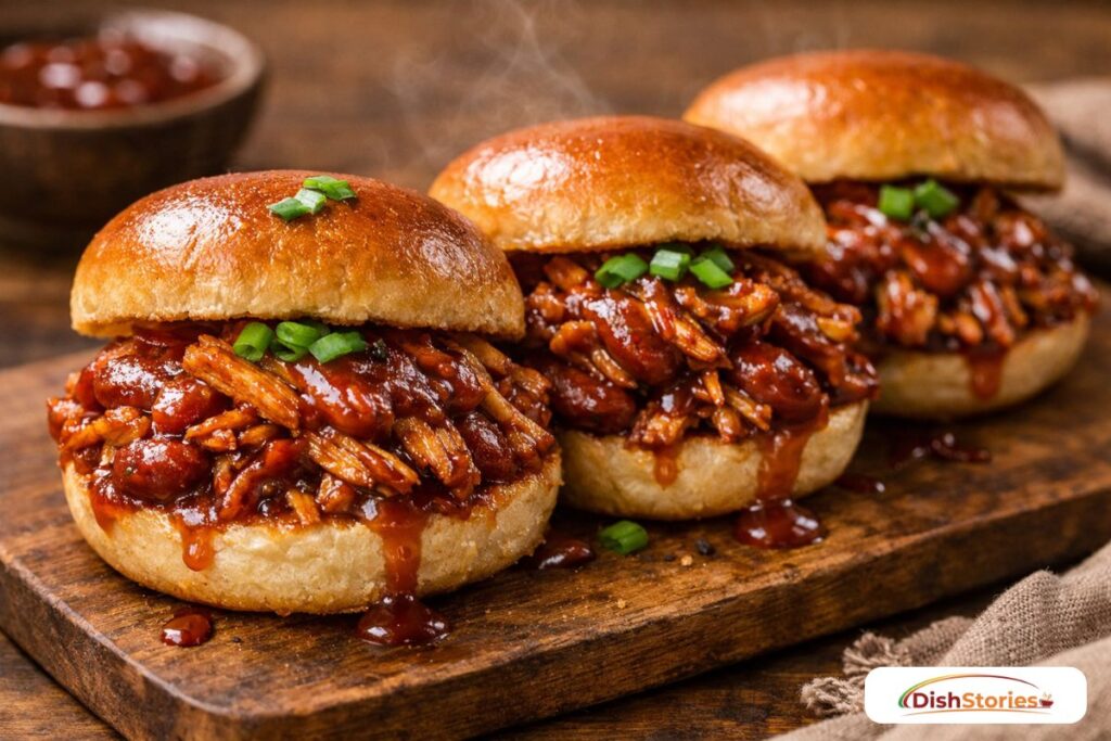 Shredded BBQ chicken thighs on toasted slider buns with a side of coleslaw.