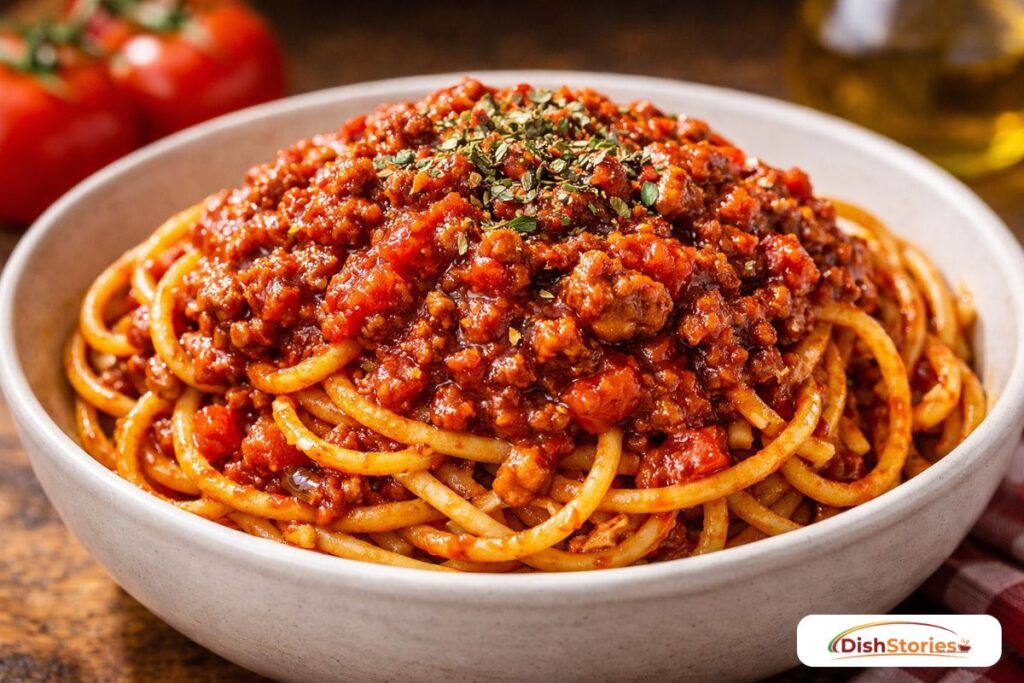 Savory spaghetti with meat sauce showing the emulsified sauce clinging to the pasta.