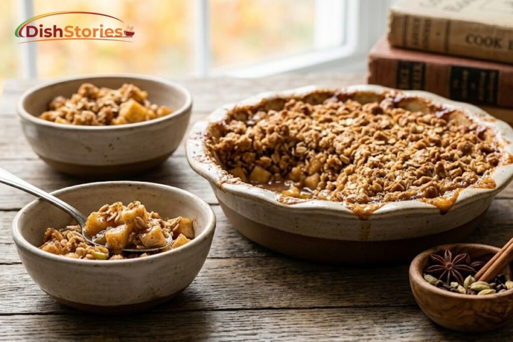A wide-angle, warm-toned photograph of a bubbling, golden-brown Chai-Spiced Apple Crumble, served directly from a rustic ceramic dish. Steam rises from the tender apples mixed with aromatic chai tea flavors. The dish sits on a reclaimed oak table next to a small bowl of whole spices