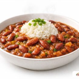 A simple, authentic bowl of meatless red beans and rice with sautéed onions.