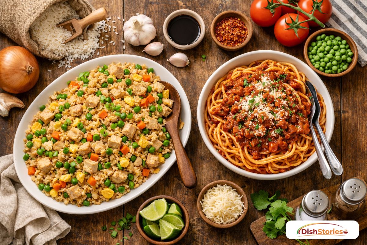 A variety of affordable $10 dinner recipes spread across a wooden table.
