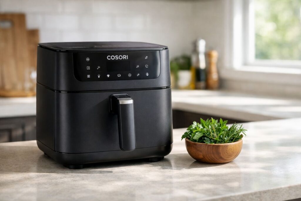 A matte black square Cosori TurboBlaze 6 Qt air fryer