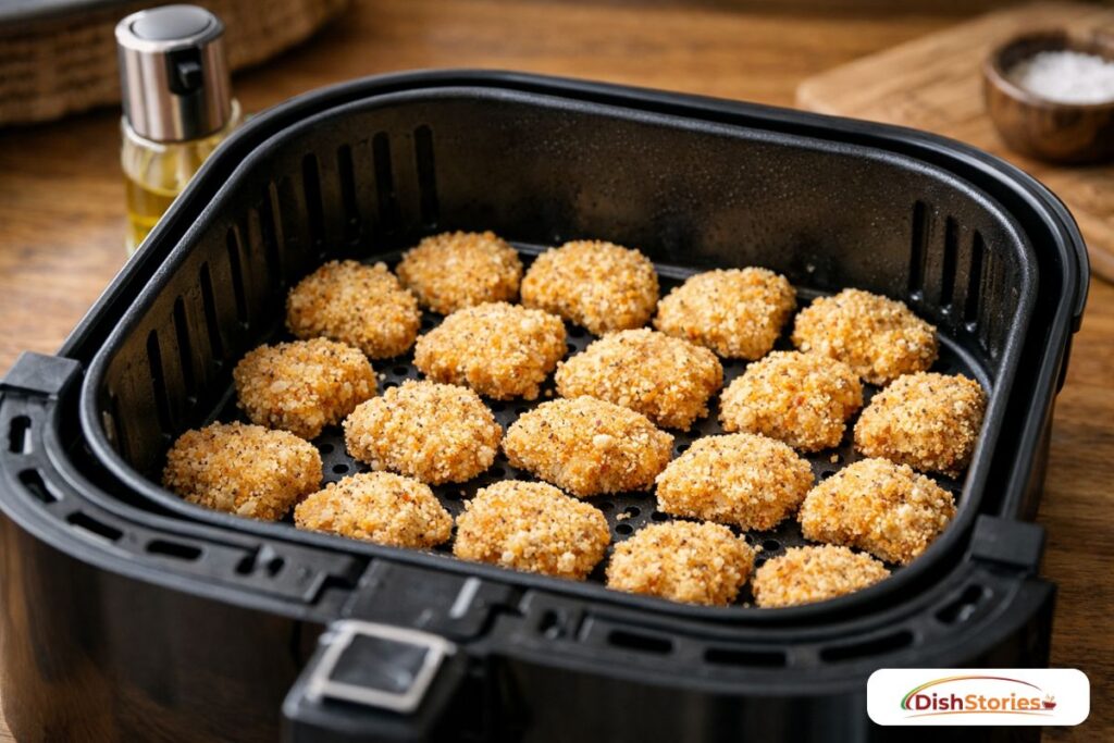Raw breaded chicken nuggets arranged in a single layer inside a black air fryer basket to ensure maximum crispiness without excess oil.