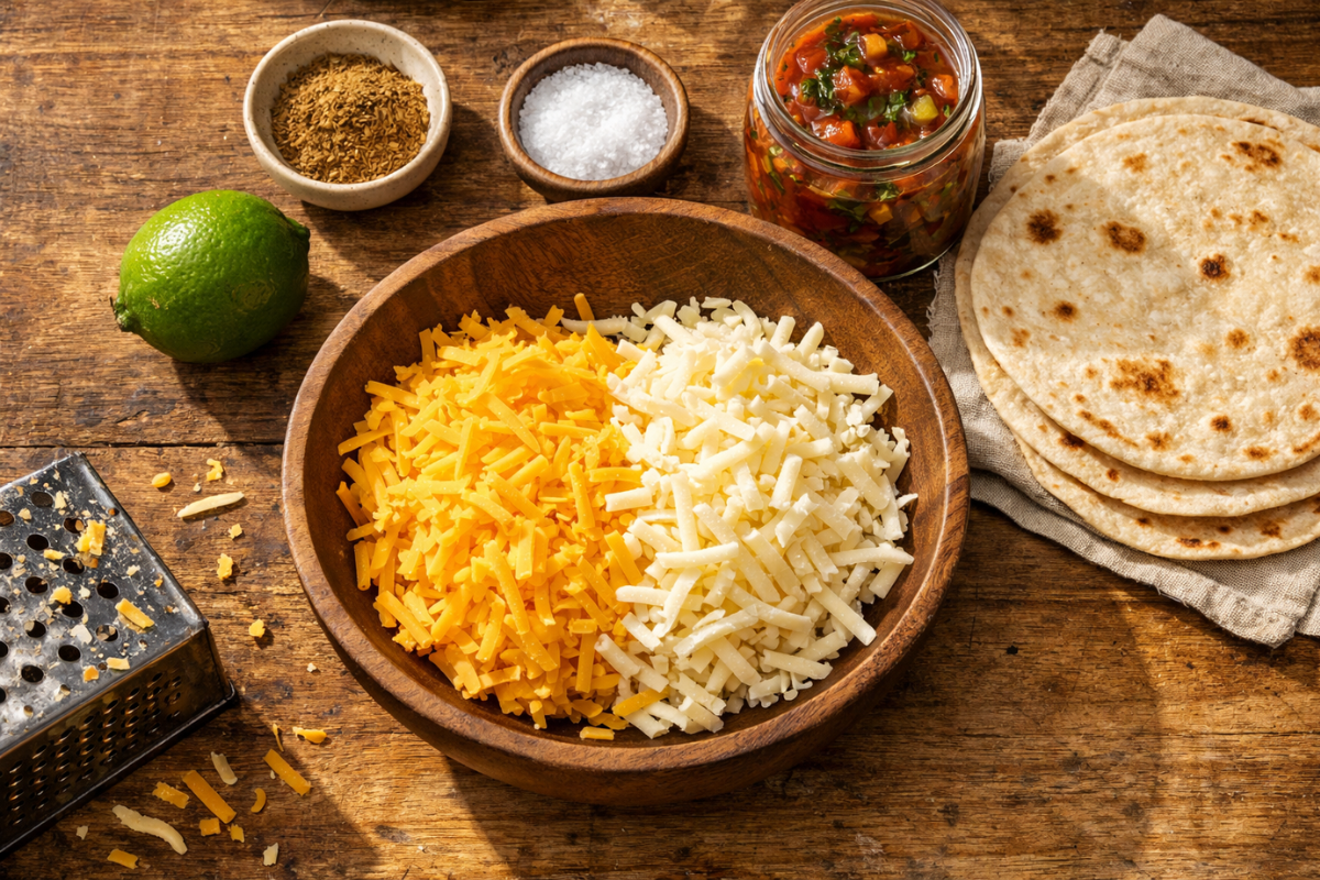 Freshly grated sharp cheddar and monterey jack cheese in a wooden bowl with spices and flour tortillas on a rustic kitchen table.