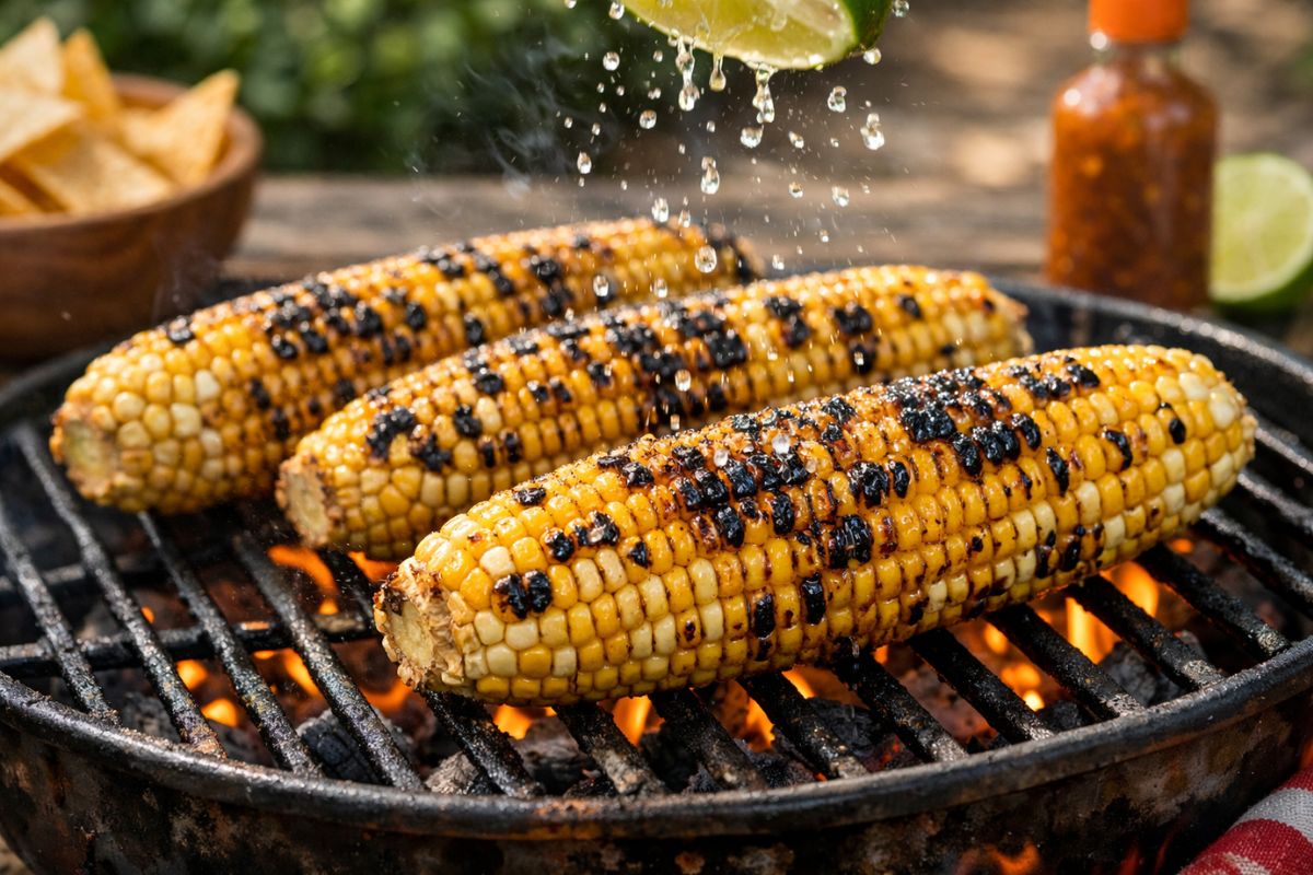 Sweet corn cobs being grilled over open charcoal flames with visible charring and lime juice drizzling for authentic elote flavor