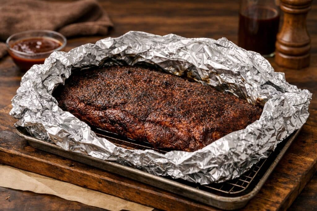 the brisket resting while wrapped in foil