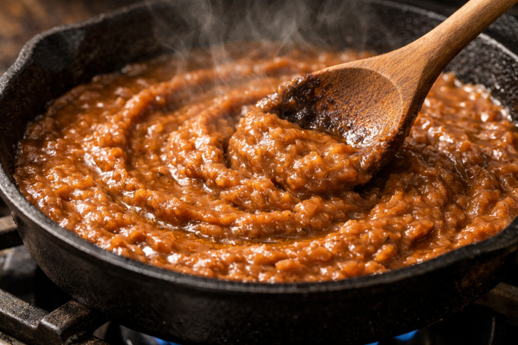 Close up of creamy refried beans seasoned with ground cumin and bacon fat simmering in a black cast iron skillet.