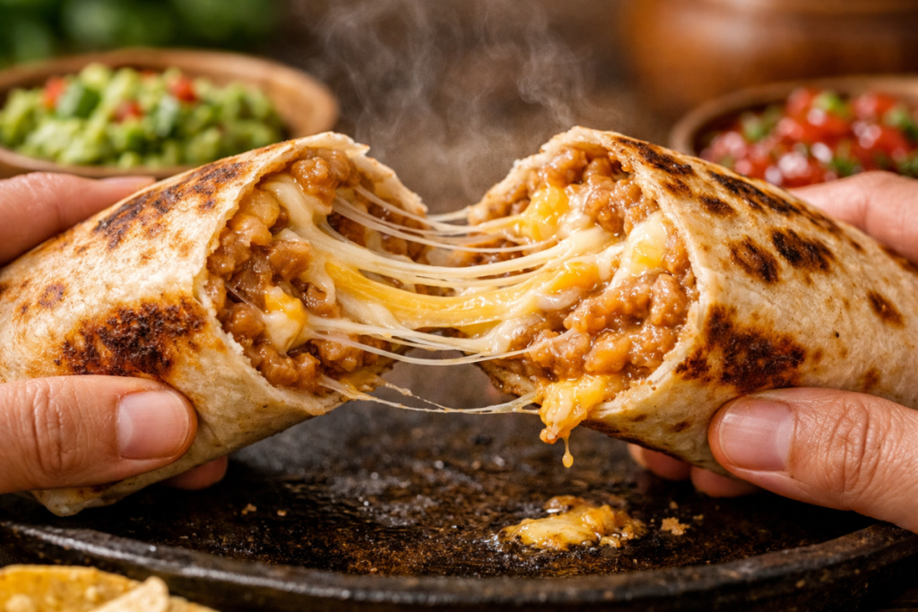 A crispy skillet-seared bean and cheese burrito cut in half with a dramatic molten cheese stretch coming from the creamy filling.
