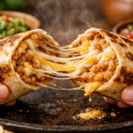 A crispy skillet-seared bean and cheese burrito cut in half with a dramatic molten cheese stretch coming from the creamy filling