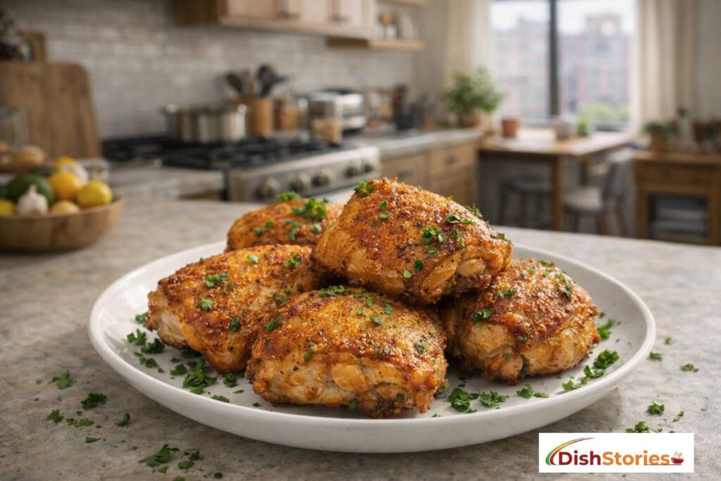 Crispy air fryer chicken thighs on a plate with parsley.