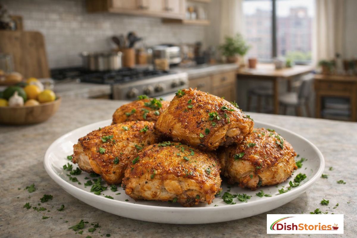 Crispy air fryer chicken thighs on a plate with parsley