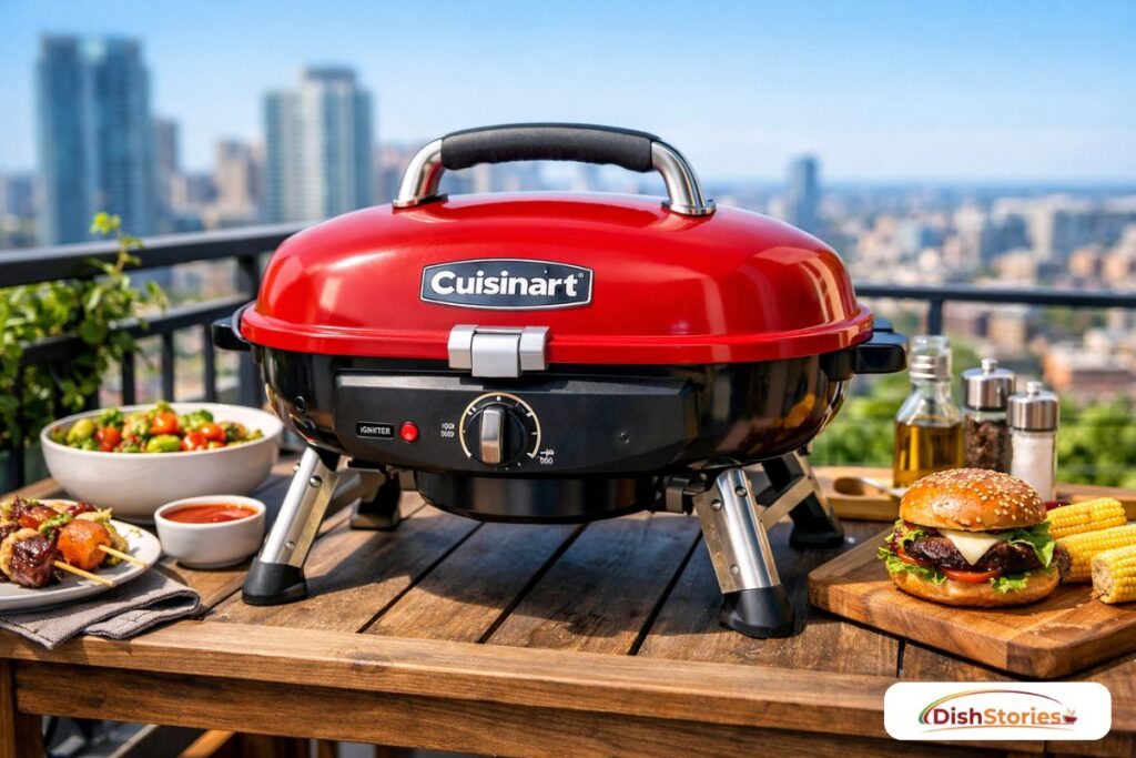 A hyper-realistic 18-inch Weber Jumbo Joe charcoal grill on a modern, narrow apartment balcony