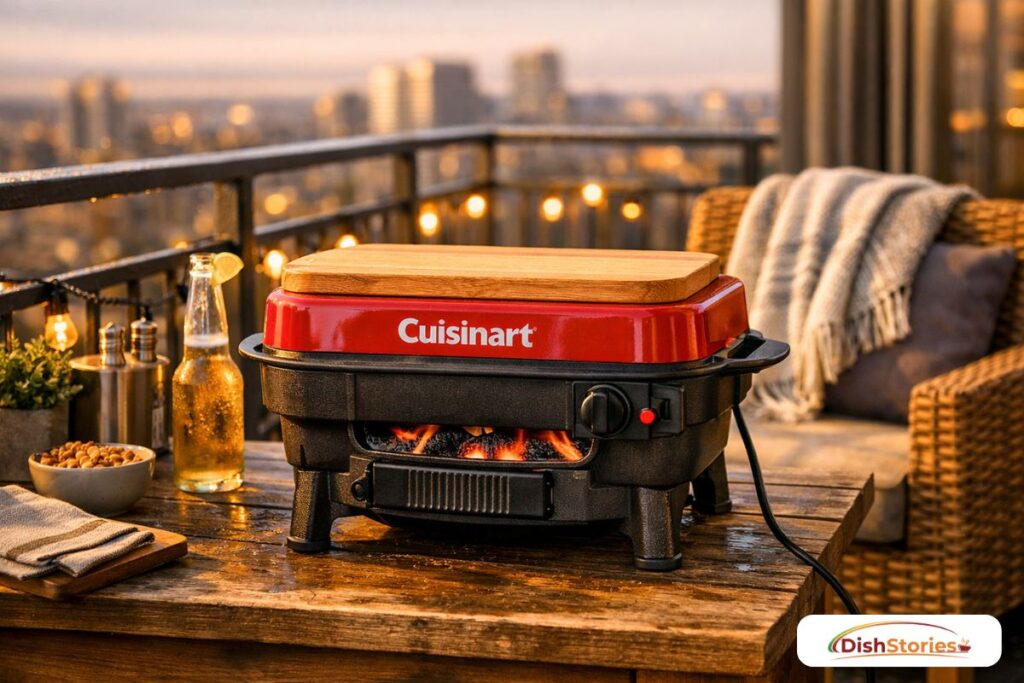 golden‑hour lifestyle photograph of the Cuisinart Venture Portable Gas Grill with its signature red top and natural wood lid.