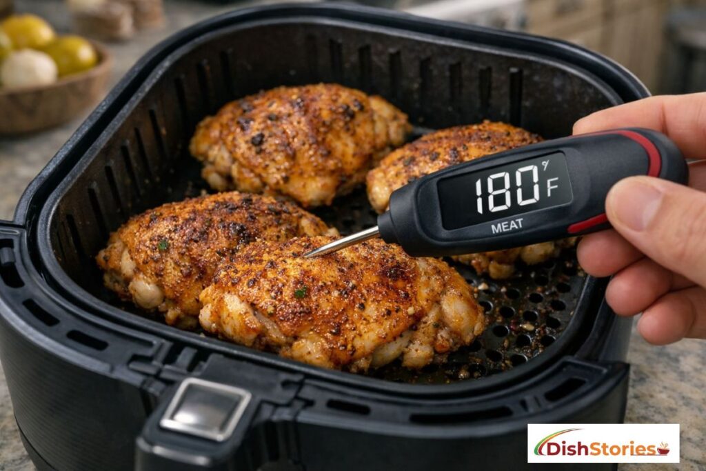 Digital thermometer showing 180 degrees in a juicy chicken thigh.