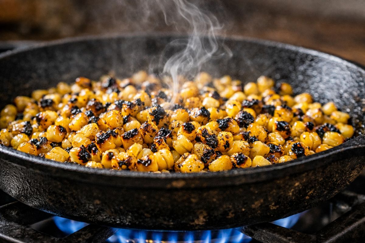 Sweet corn kernels flash-charring in a seasoned cast-iron skillet with deep brown char spots and steam rising