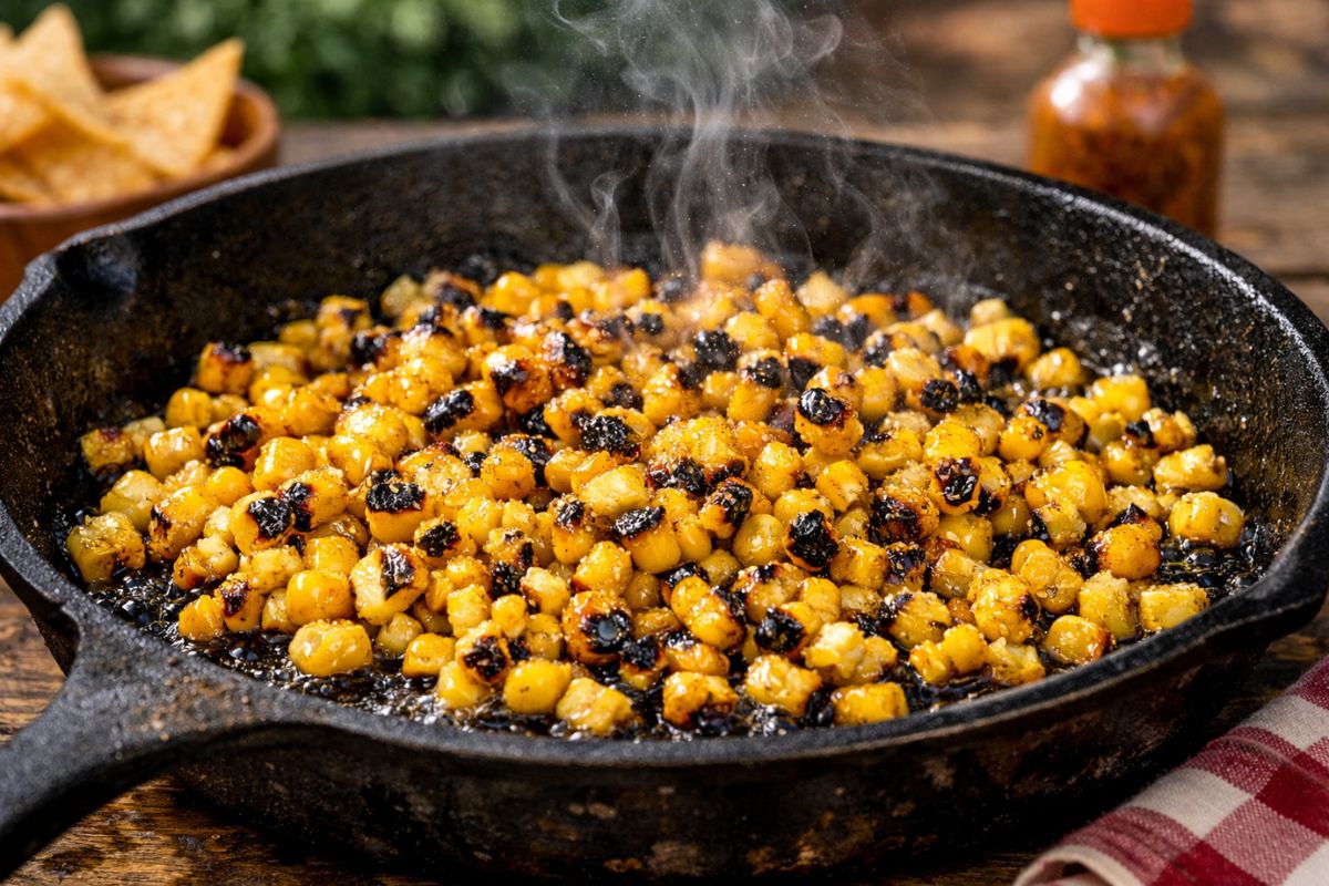 Sweet yellow corn kernels getting flash-charred with golden-brown edges inside a hot cast-iron skillet with steam rising