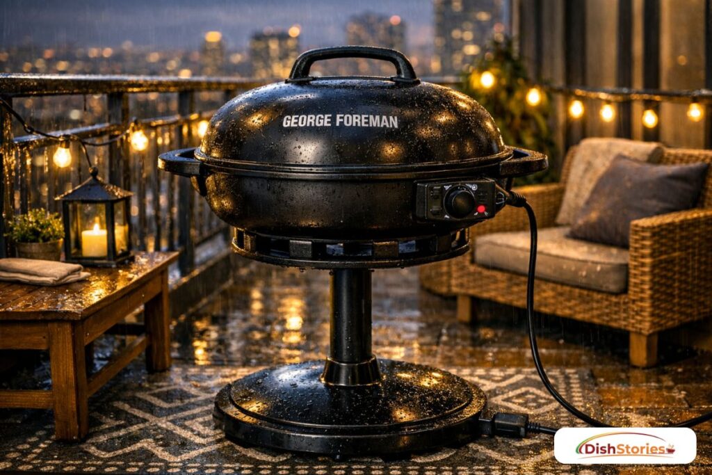 Black George Foreman Indoor/Outdoor electric grill standing on its pedestal on a rainy evening apartment balcony.