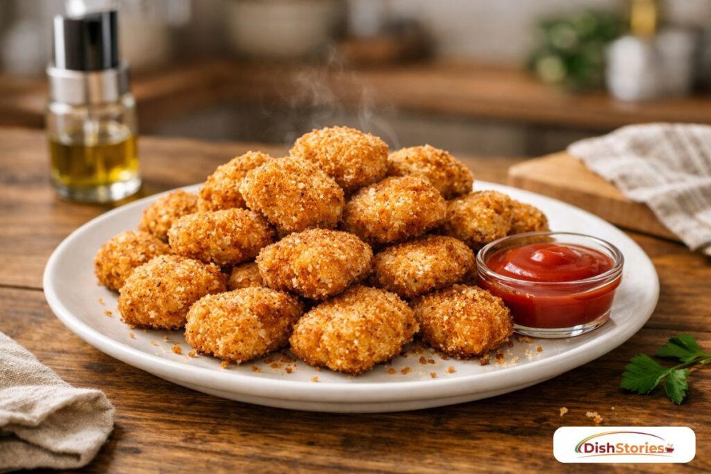 A plate of golden-brown crispy air fryer chicken nuggets served with a side of dipping sauce in a bright modern kitchen setting