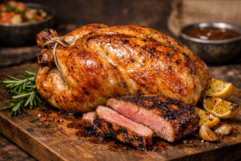 Golden roasted chicken or turkey with a light glaze