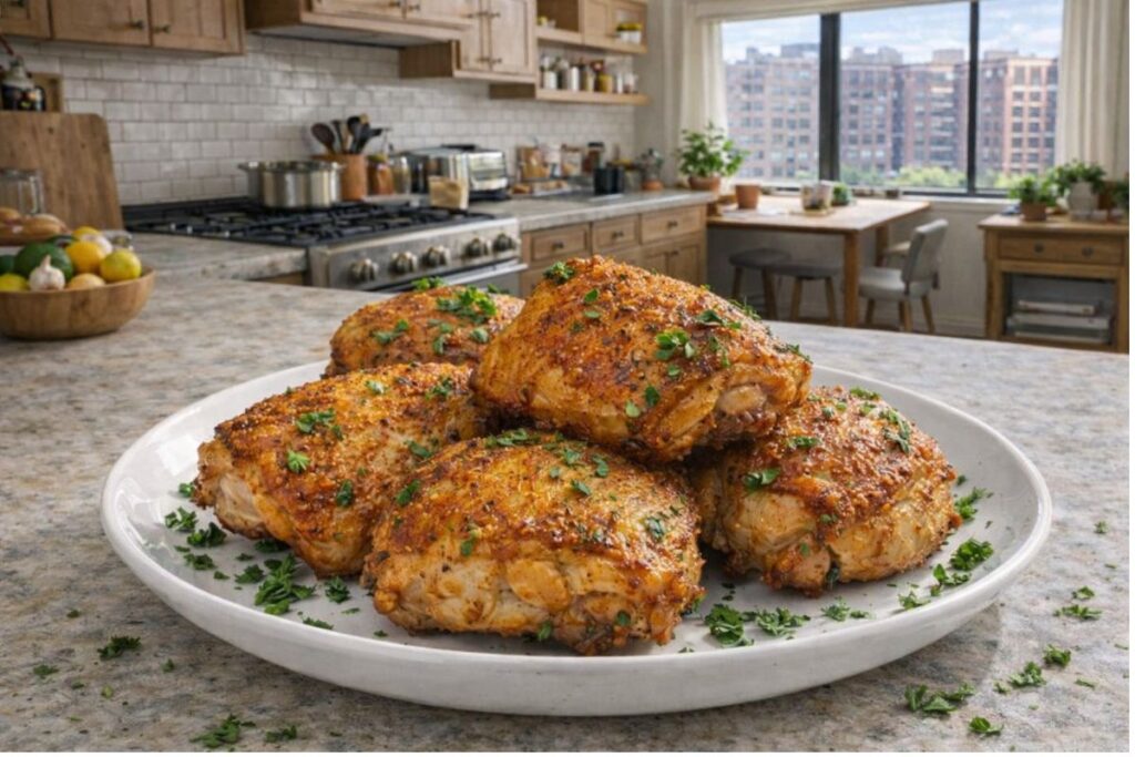 Crispy air fryer chicken thighs on a plate with parsley.