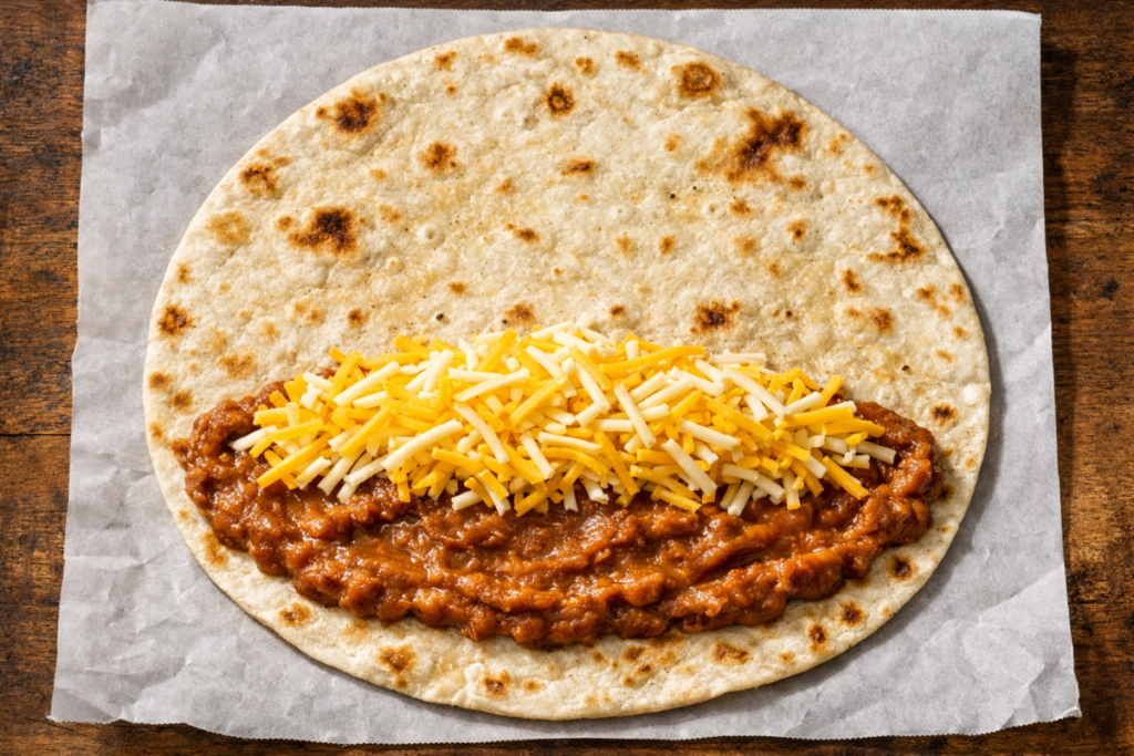 Freshly grated cheese piled on top of warm refried beans in the center of a blistered homemade flour tortilla.
