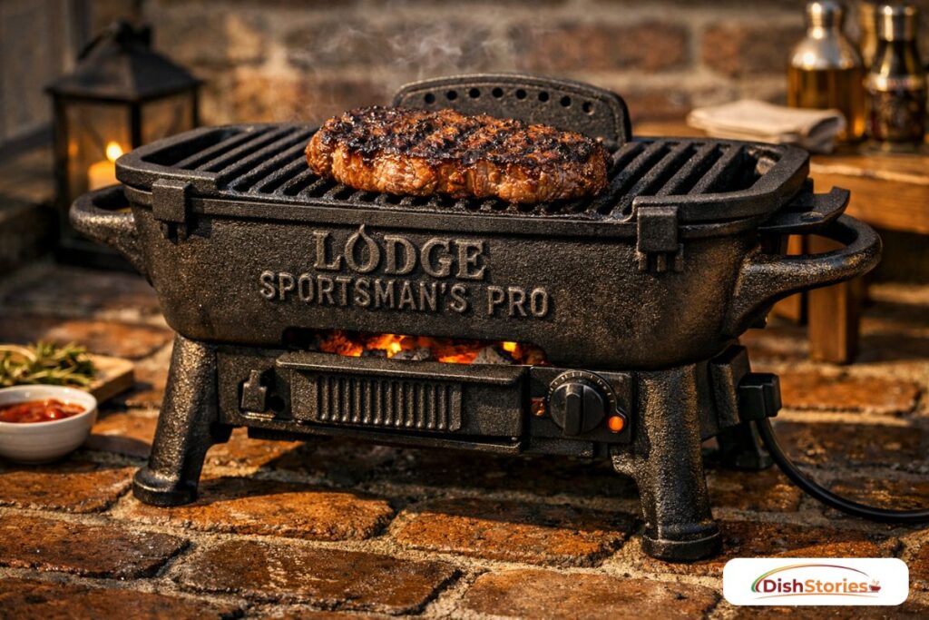 a hyper‑realistic, rustic food‑photography shot of the Lodge Cast Iron Sportsman’s Pro grill on a weathered brick patio. The glowing orange embers beneath the grate and the perfectly seared steak capture that late‑afternoon “heritage and durability” vibe beautifully.