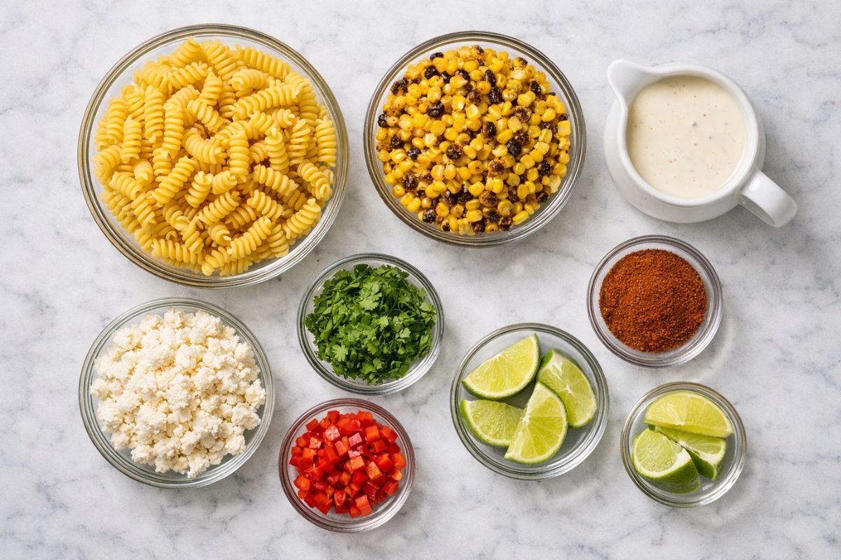 Flat-lay ingredient arrangement containing bowls of rotini pasta, charred corn, cotija cheese, limes, cilantro, and fresh herbs on marble