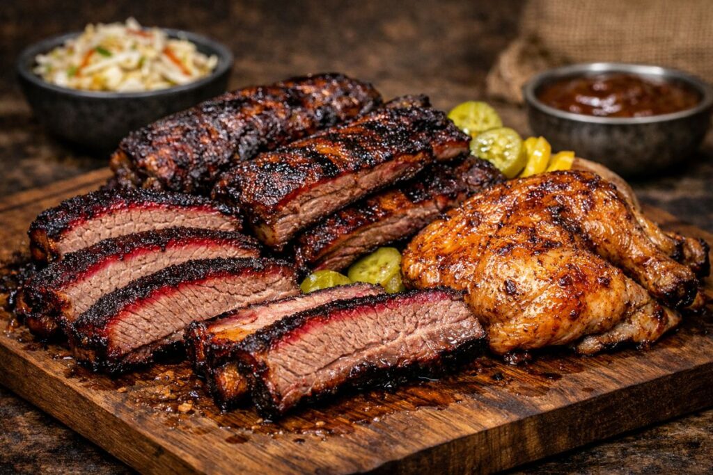 Mixed BBQ platter (brisket, ribs, chicken)