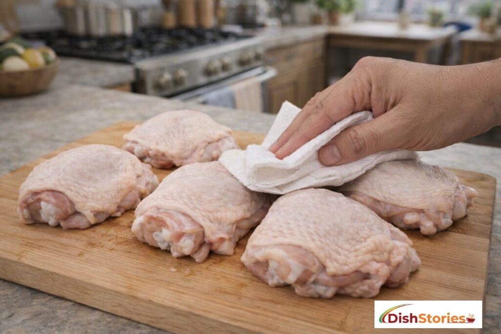 Patting Chicken Thighs Dry for Extra Crispiness