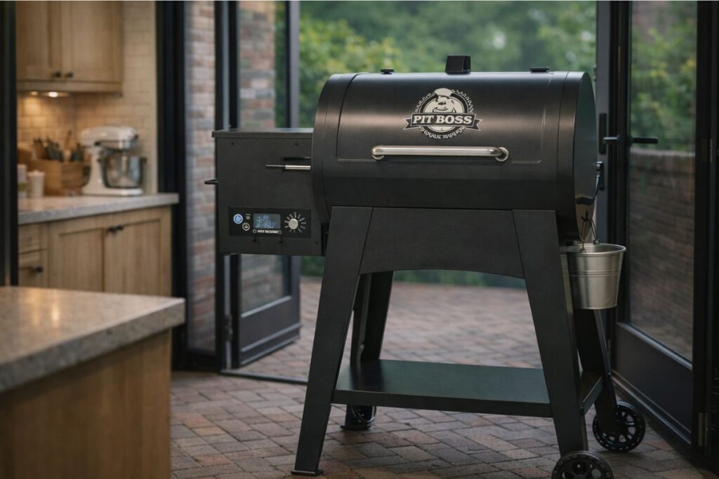 A professional-style photo of the Pit Boss 700FB pellet grill featuring a large 21-lb hopper, with the blog admin in a charcoal kitchen apron standing beside it in the kitchen area from your photo.