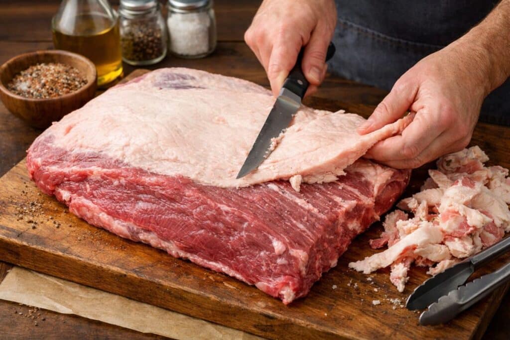 A brisket being trimmed on a cutting board, with the fat cap being reduced to about ¼ inch.