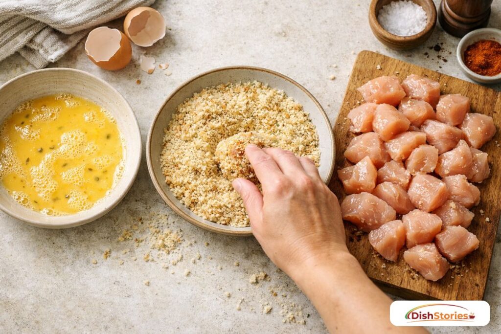 A person dredging bite-sized chicken pieces in seasoned panko breadcrumbs on a wooden cutting board for air fryer recipes for weight loss