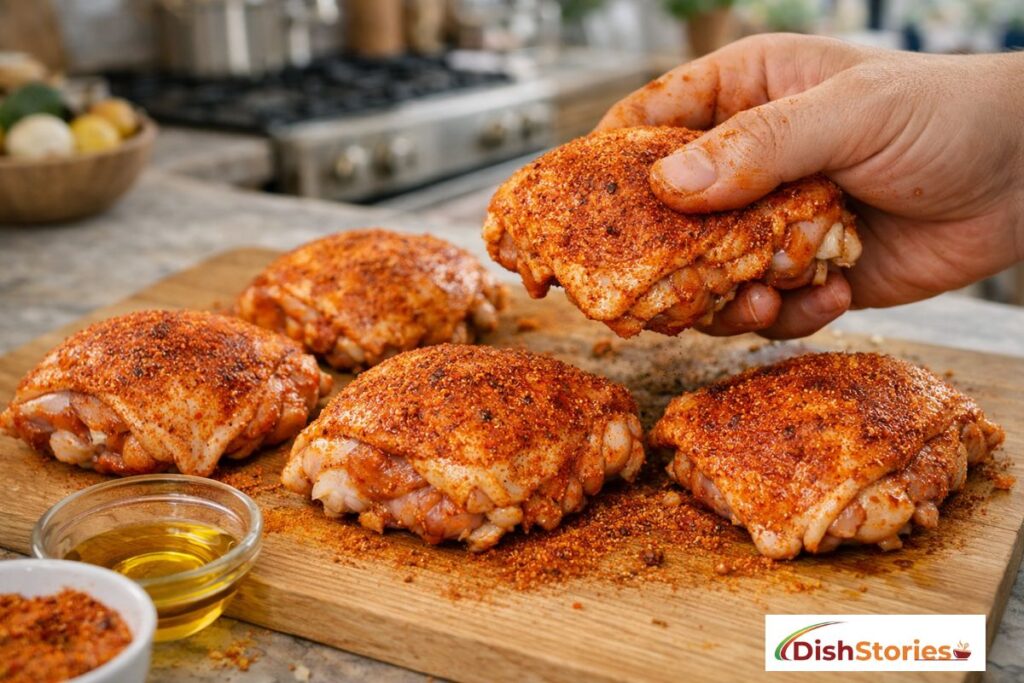 Rubbing Spices and Oil onto Chicken Thighs