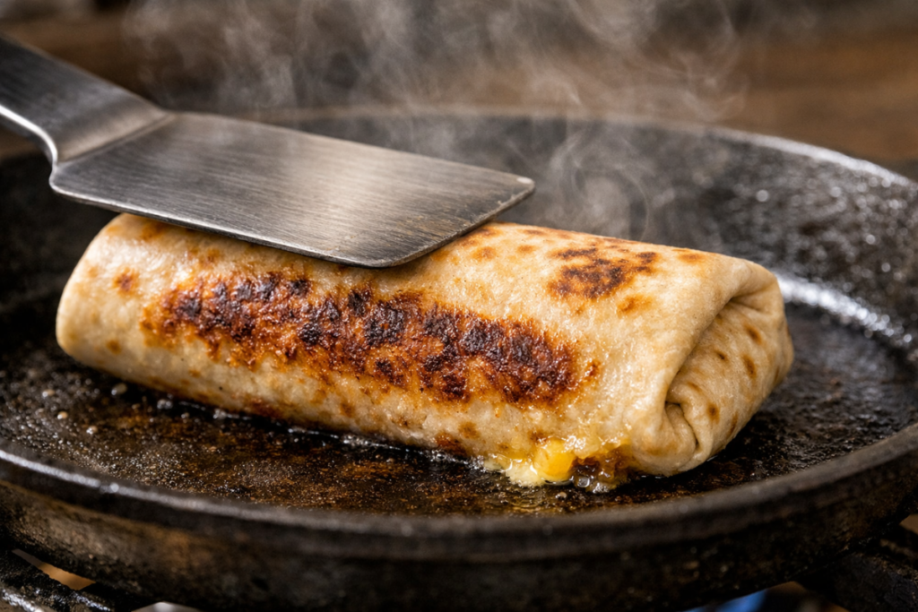 A homemade bean and cheese burrito being seared seam-side down on a hot cast iron skillet to create a crispy golden exterior.