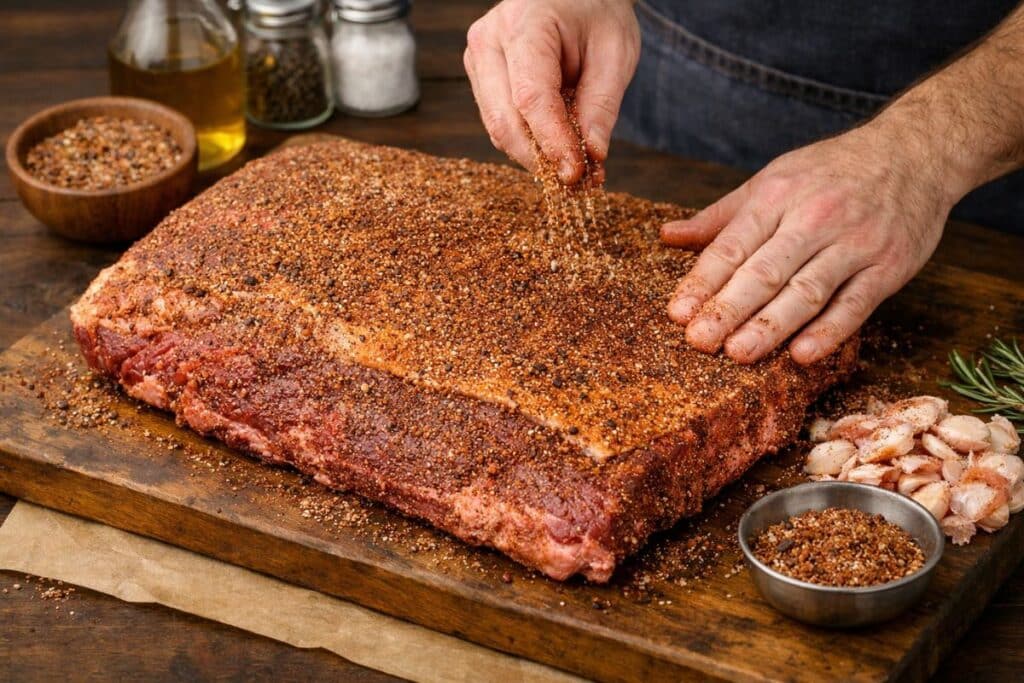 The brisket being seasoned with a dry rub on a rustic cutting board