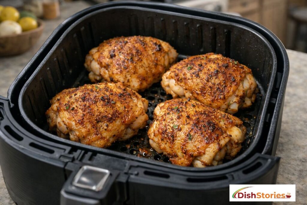 Seasoned bone-in chicken thighs inside an air fryer basket