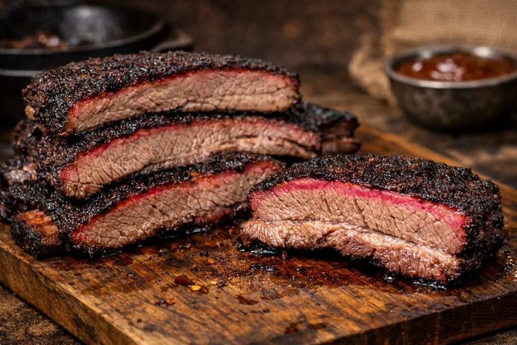 Sliced brisket showing a smoke ring image