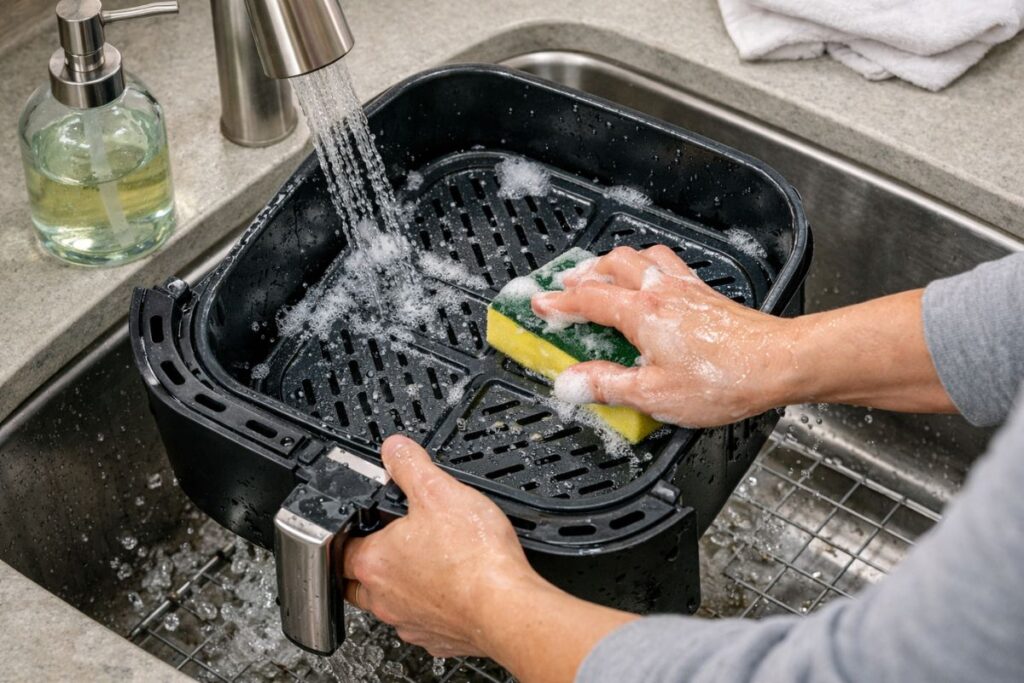 Washing the dishwasher safe ceramic air fryer basket in a kitchen sink