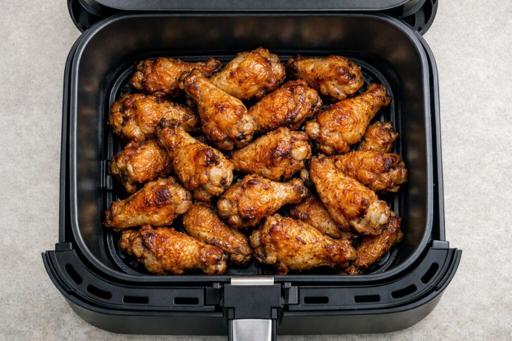 Crispy chicken wings cooked evenly inside a large air fryer for families