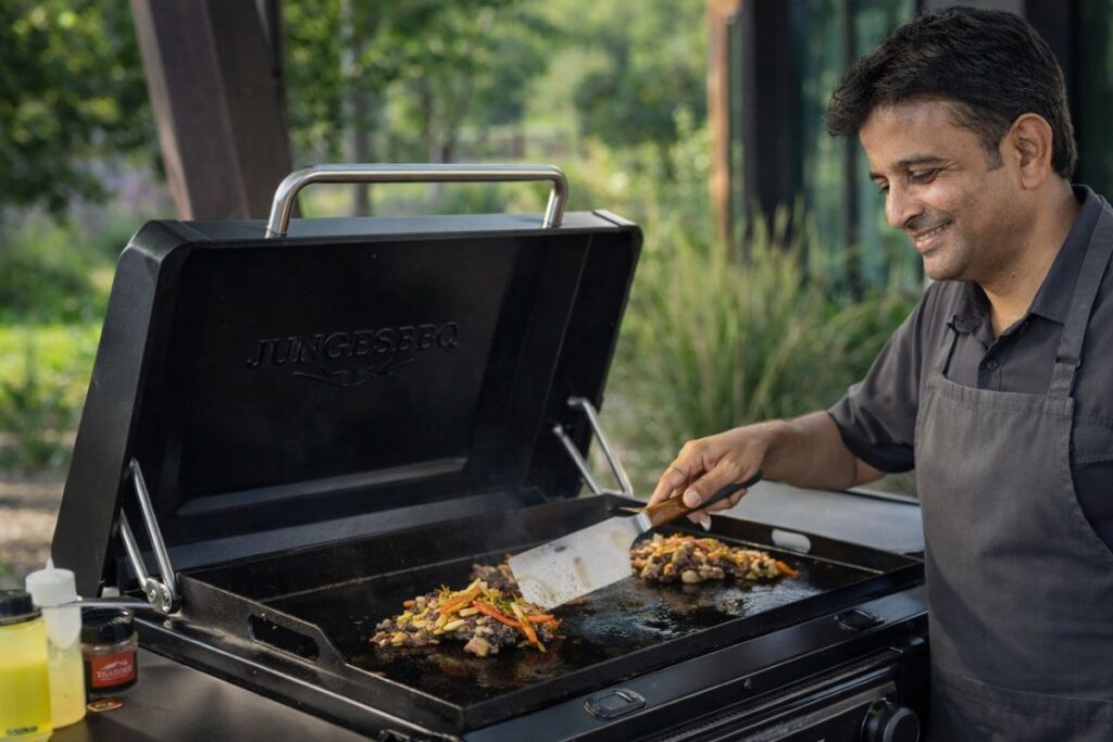 A detailed product shot of the Traeger Wasatch pellet grill highlighting the Dual-Zone grates and the EZ-Clean ash management system, positioned near the kitchen entrance.