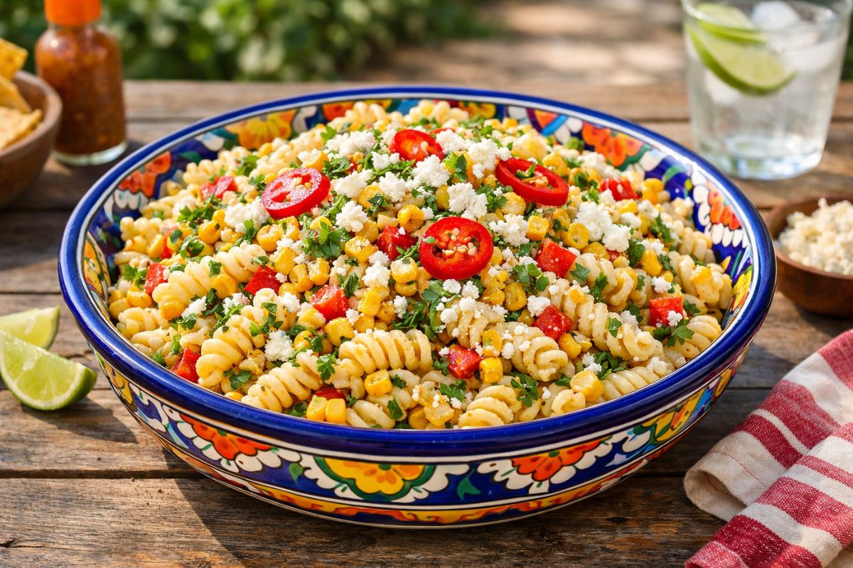 A large colorful ceramic bowl filled with Mexican street corn pasta salad featuring charred sweet corn, cotija cheese, sliced red chili peppers, and fresh cilantro on an outdoor summer table