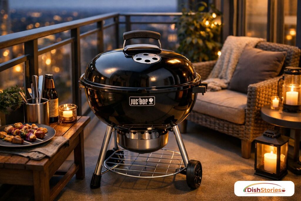 A hyper-realistic 18-inch Weber Jumbo Joe charcoal grill on a modern, narrow apartment balcony,