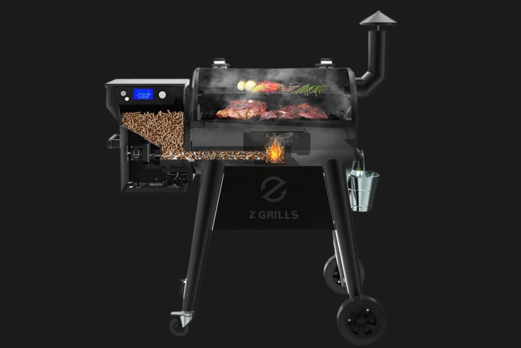 A close-up view of the Z Grills 450B digital control panel showing a steady 225°F temperature, illustrating its precision for small-space backyard cooking.