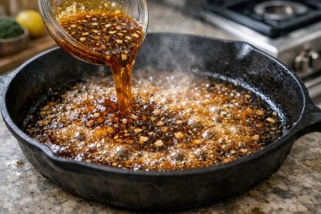 Honey garlic sauce bubbling and deglazing in a hot skillet with minced garlic.