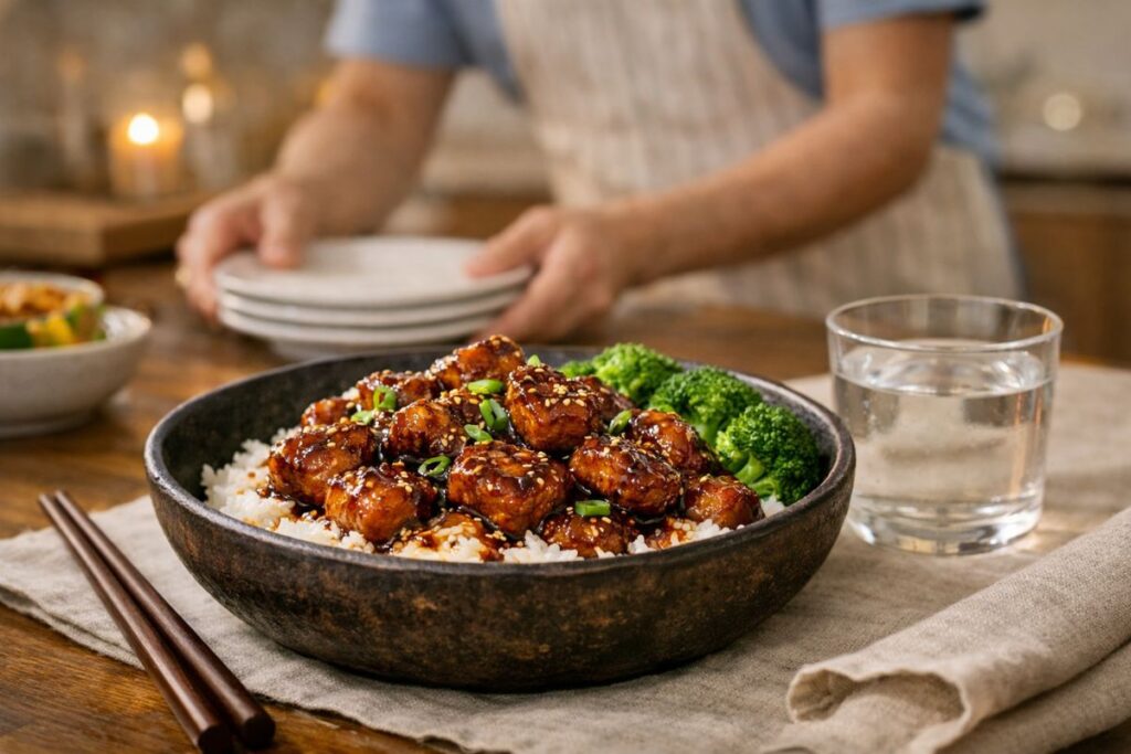 Home-cooked honey garlic chicken dinner served on a table for a busy weeknight meal.