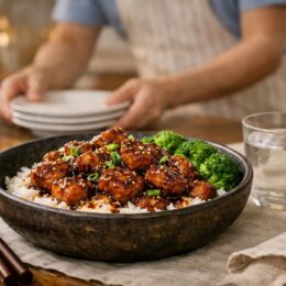Home-cooked honey garlic chicken dinner served on a table for a busy weeknight meal