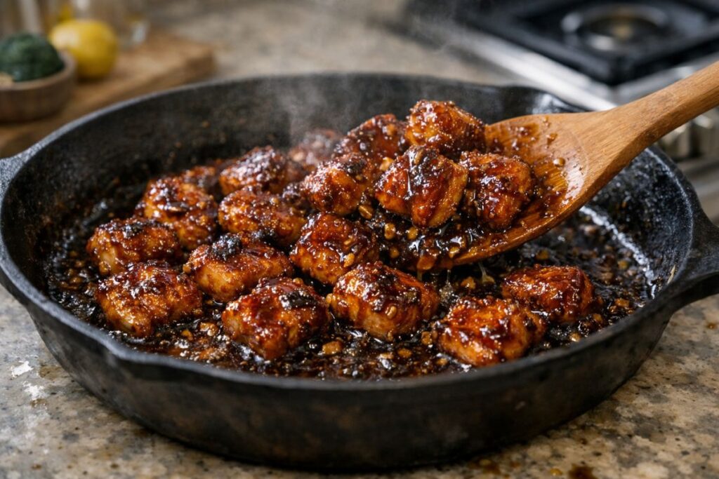 Glossy honey garlic chicken bites coated in a thick sticky glaze in a pan.