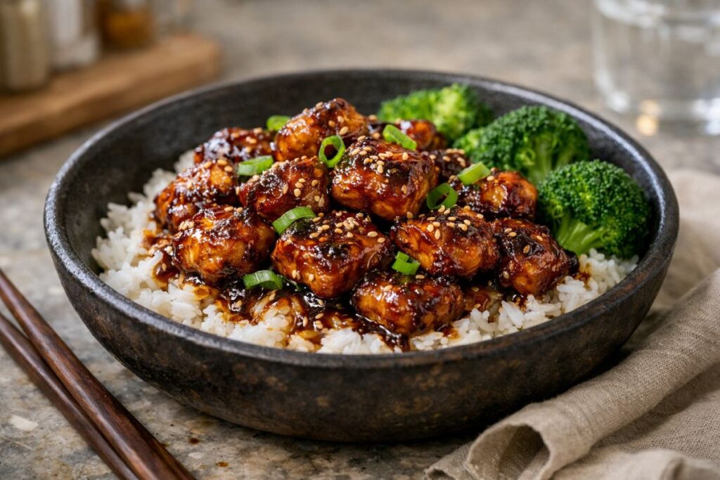 A bowl of Honey Garlic Chicken Bites with sesame seeds and green onions over white rice.