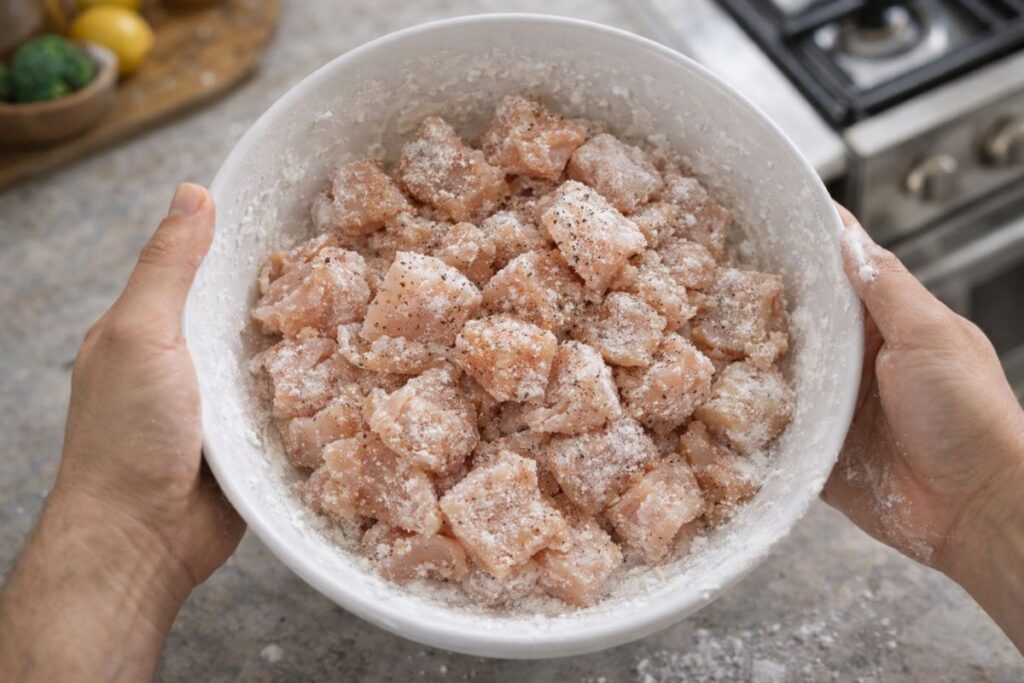 Raw chicken bites lightly coated in cornstarch and black pepper in a white bowl.